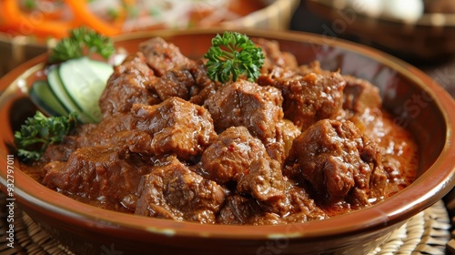 Tender beef is simmered in a fragrant, spicy rendang sauce, beautifully presented with herbs and spices, highlighting Indonesian culinary tradition