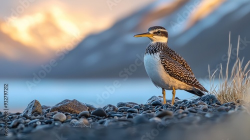 Wallpaper Mural Plover bird on rocky shore at sunset with mountains Torontodigital.ca