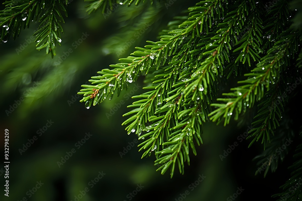 Close-Up of Dewy Evergreen Branch, Lush Green Foliage, Nature Photography, Forest Beauty, Freshness, Tranquility, Serenity, Natural Background Close-Up of Dewy Evergreen Branch, Lush Green Foliage, Nature Photography, Forest Beauty, Freshness, Tranquility, Serenity, Natural Background