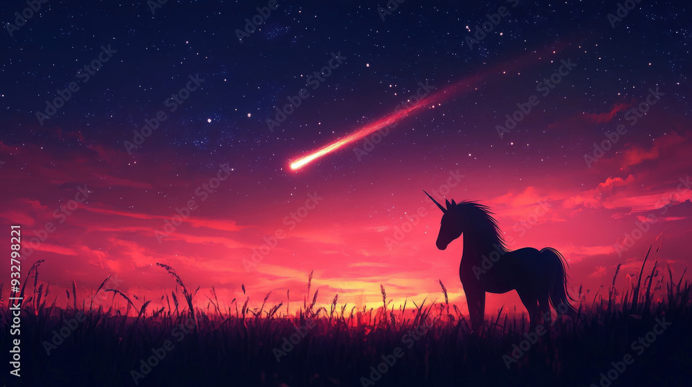 unicorn with a small comet streaking through the background, on a dark or pastel sky unicorn with a small comet streaking through the background, on a dark or pastel sky