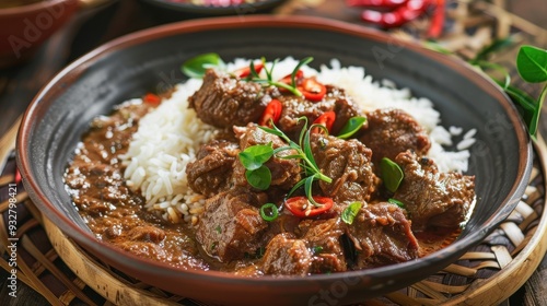 Tender chunks of meat simmer in rich spices, served with rice and garnished with fresh herbs and chilies