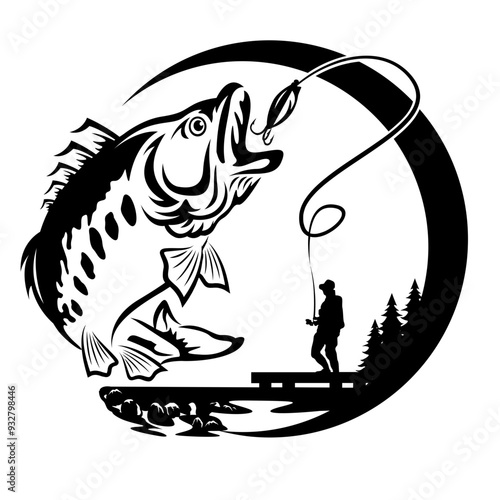 Bass Fish | Angler Dad | Big Catch | Outdoor Fishing | Aquatic Animal | Marine Life | Wild Animal | Lake Fishing | Original Illustration | Vector and Clipart | Cutfile and Stencil