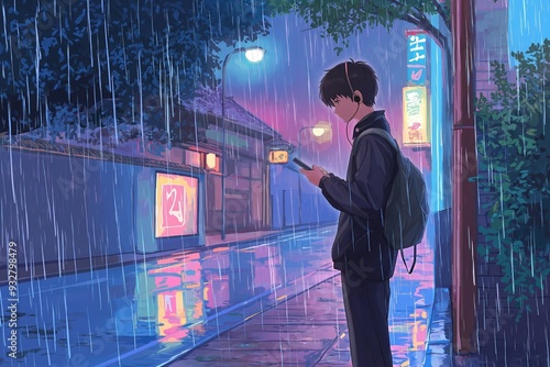 A young Asian male stands under the rain, absorbed in his phone, with neon lights reflecting off wet pavement.