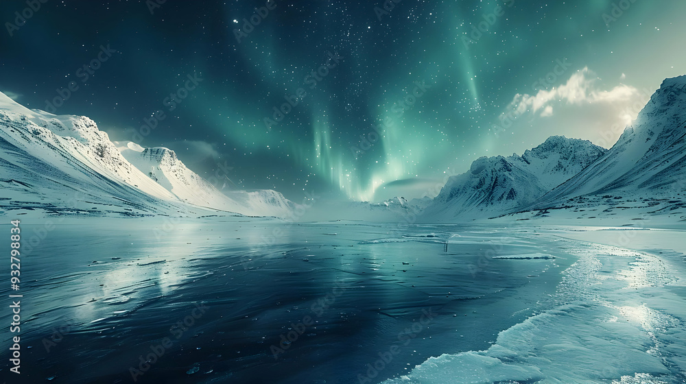 Fototapeta premium Frozen Lake Landscape with Aurora Borealis - Realistic Winter Photo