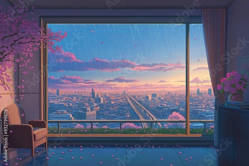 Wallpaper Mural A serene cityscape with cherry blossoms and rain at sunset. Torontodigital.ca