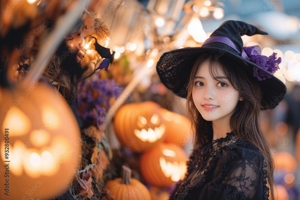 ハロウィンをテーマに魔女の仮装をしている若い日本人女性(美人モデル) ハロウィンをテーマに魔女の仮装をしている若い日本人女性(美人モデル)