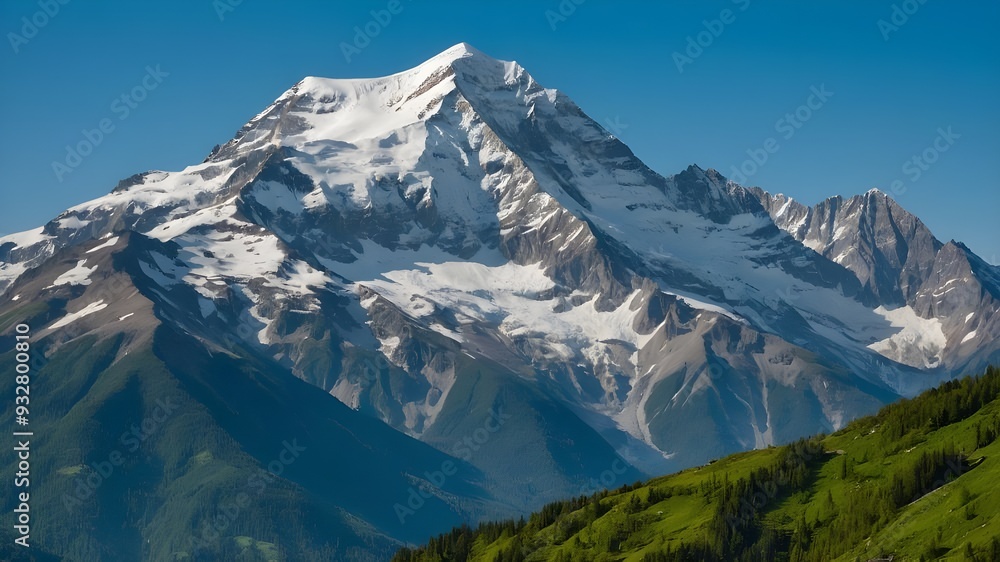 Fototapeta premium A majestic mountain range, with snow-capped peaks and lush green valleys, standing tall against a clear blue sky.