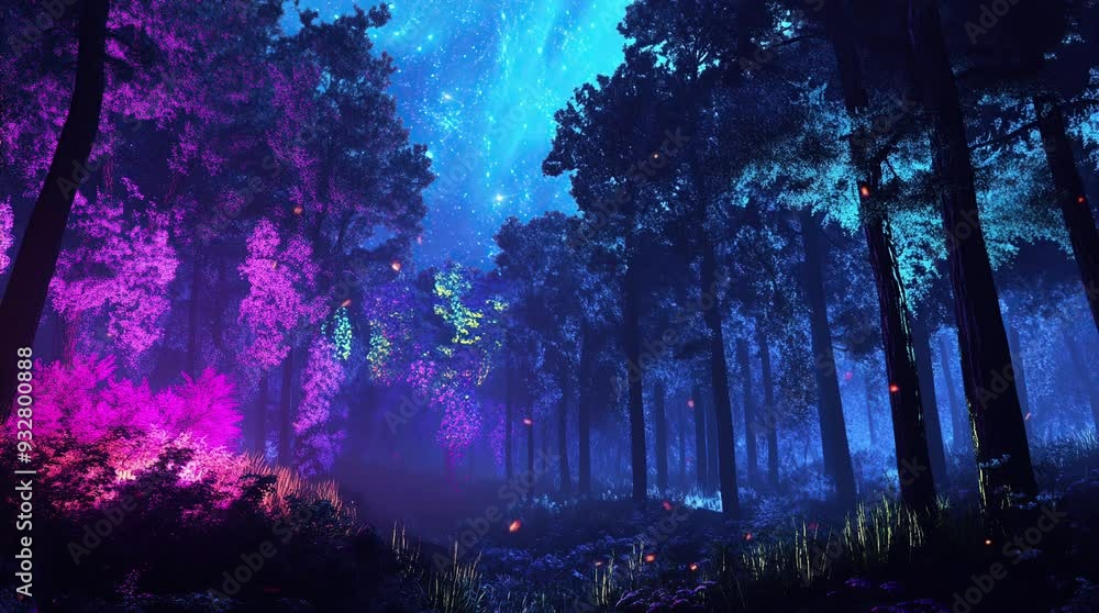 Enchanting fantasy forest with glowing plants and mystical light illuminating the magical landscape
  Seamless looping 4k time-lapse virtual video animation Generated AI