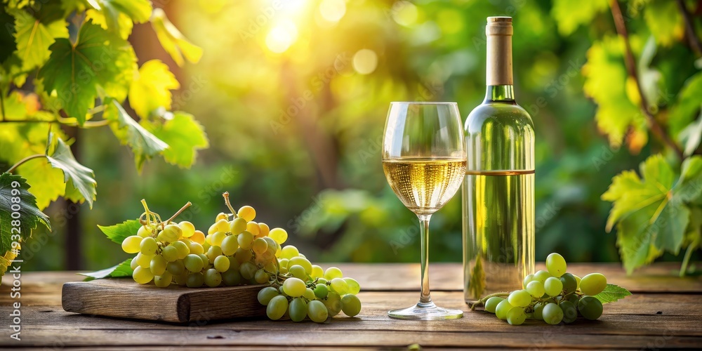 Fototapeta premium Vineyard Delight White Wine, Grapes, and Rustic Wood, Wine, Grapes, Vineyard, Summer