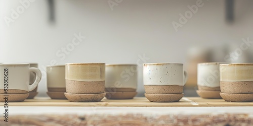 Row of ceramic coffee cups on a wooden shelf photo