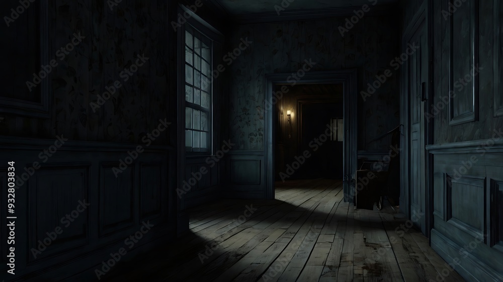 Image depicts a dimly lit, narrow hallway with a rustic and vintage style, clad in dark wooden panels, and the floor is made of aged wooden planks, adding to the antique ambiance Image depicts a dimly lit, narrow hallway with a rustic and vintage style, clad in dark wooden panels, and the floor is made of aged wooden planks, adding to the antique ambiance
