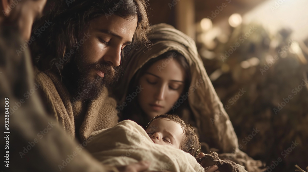 Cinematic birth of Jesus Christ. The Holy Family, Jesus, Mary and Joseph Cinematic birth of Jesus Christ. The Holy Family, Jesus, Mary and Joseph