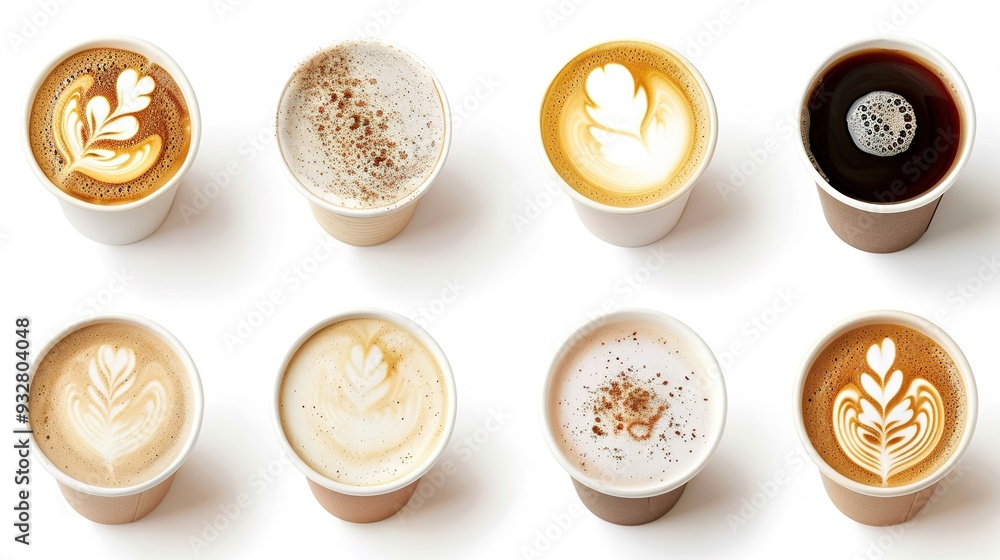 Assorted coffee top views with art and space. Assorted coffee top views with art and space.