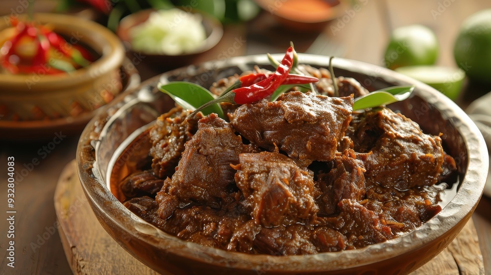 Tender beef rendang is beautifully presented in a wooden bowl, garnished with fresh chilies and herbs, representing Indonesian flavors Tender beef rendang is beautifully presented in a wooden bowl, garnished with fresh chilies and herbs, representing Indonesian flavors