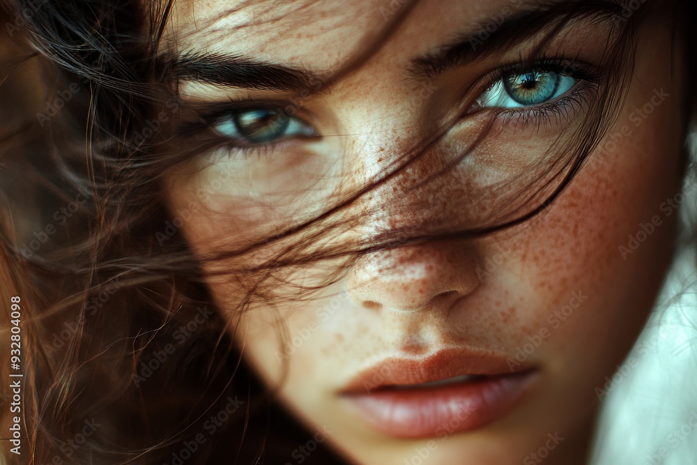 Close-up portrait of a young woman with blue eyes and freckles Close-up portrait of a young woman with blue eyes and freckles