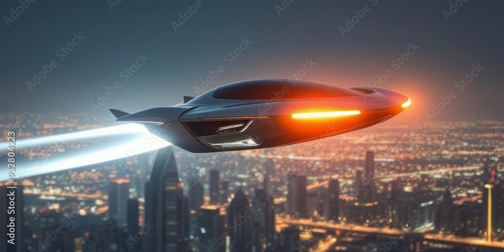 Fototapeta premium Futuristic Flying Car Hovering Above City Skyline