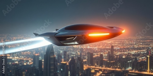 Futuristic Flying Car Hovering Above City Skyline