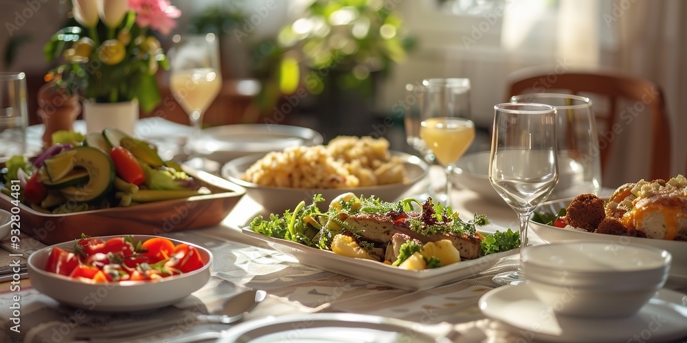Sunlit table with diverse low-histamine meals, healthy eating co Sunlit table with diverse low-histamine meals, healthy eating co