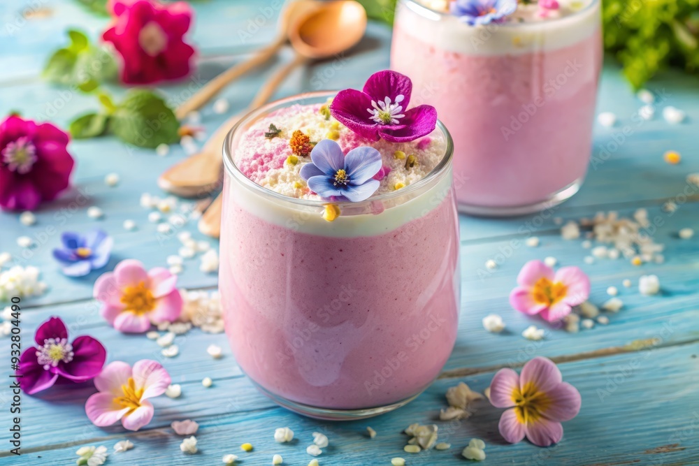 Pastel pink and baby blue hues surround kefir smoothie with edible flowers and shredded coconut, conveying delicate charm and whimsical springtime feel. Pastel pink and baby blue hues surround kefir smoothie with edible flowers and shredded coconut, conveying delicate charm and whimsical springtime feel.