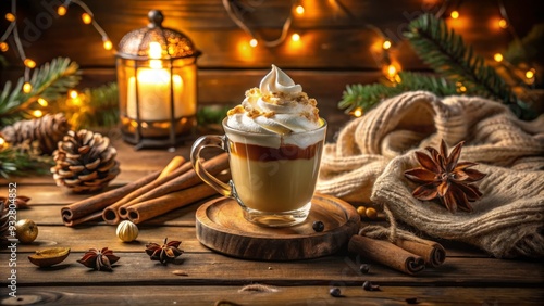 Rich Decadence Luxurious Whipped Cream Cozy Winter Nights Moody Warmth Rustic Wooden Table Golden Hour Soft Focus Velvety Textures Vibrant Earthy Tones photo