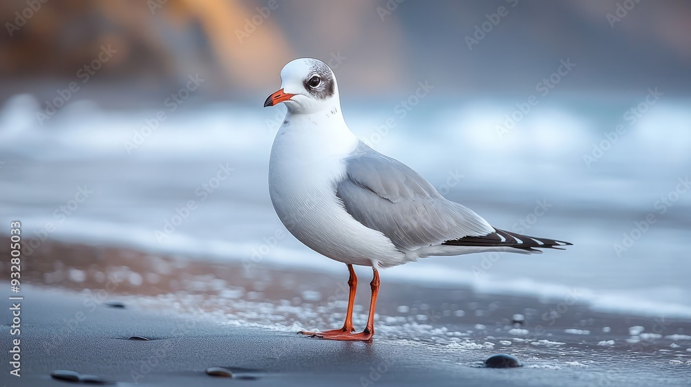 Seagull standing on beach with water reflection Seagull standing on beach with water reflection