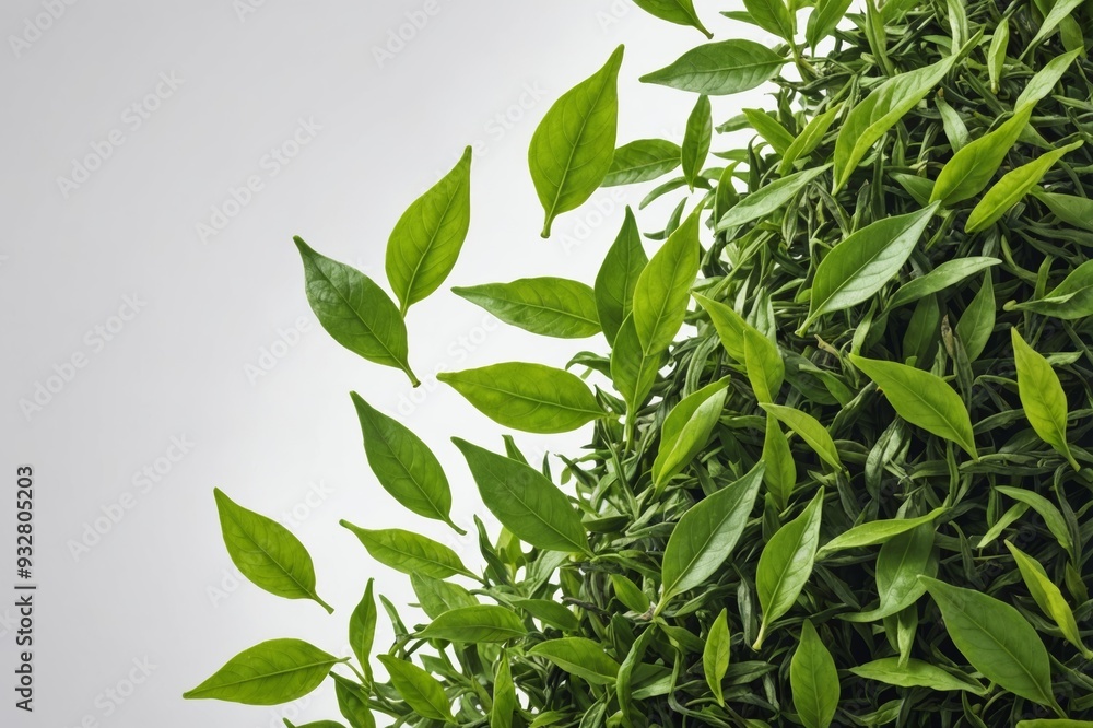 Fototapeta premium Vividly flying in the air green tea leaves isolated on white background