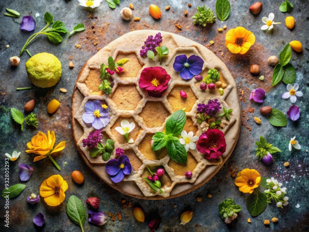 Stylized overhead shot of geometric patterns on crumbly base with edible flowers