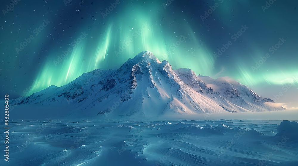 Fototapeta premium Snowy Mountain Range with Northern Lights - Realistic Image