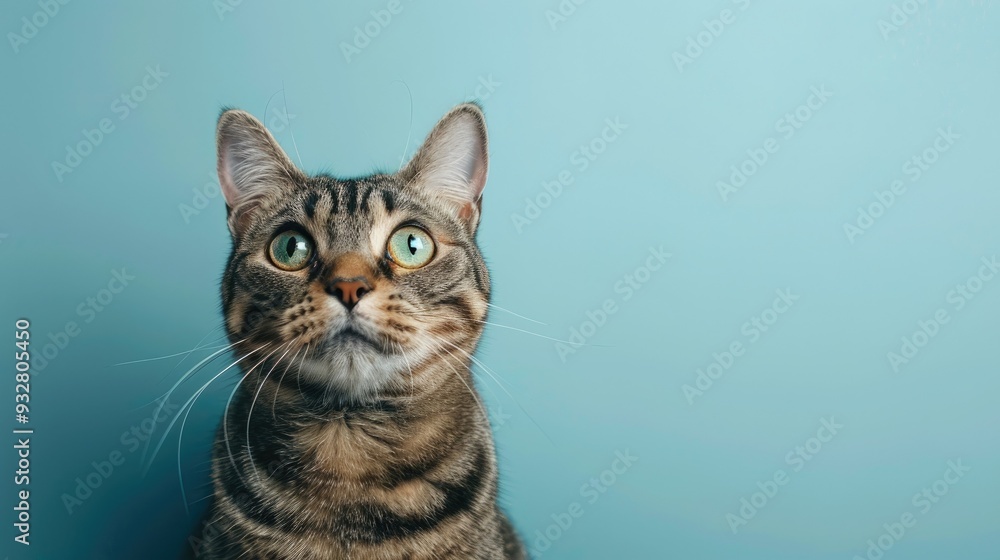 A charming American Shorthair cat is poised on an empty light blue background, with its distinctive markings and generous room for text or creative layouts. A charming American Shorthair cat is poised on an empty light blue background, with its distinctive markings and generous room for text or creative layouts.