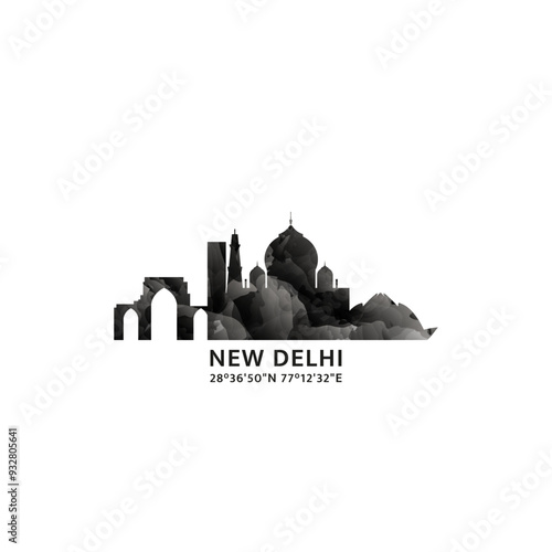 New Delhi panorama, vector badge, skyline logo and icon. India city horizon logotype with landmarks and building silhouettes. Isolated foggy abstract gradient graphic