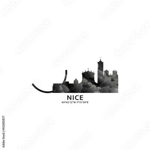 Nice panorama, vector badge, skyline logo and icon. France city horizon logotype with landmarks and building silhouettes. Isolated foggy abstract gradient graphic