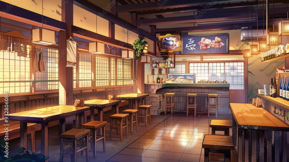 A cozy restaurant interior featuring wooden seating, warm lighting, and decorative elements that create a welcoming atmosphere A cozy restaurant interior featuring wooden seating, warm lighting, and decorative elements that create a welcoming atmosphere