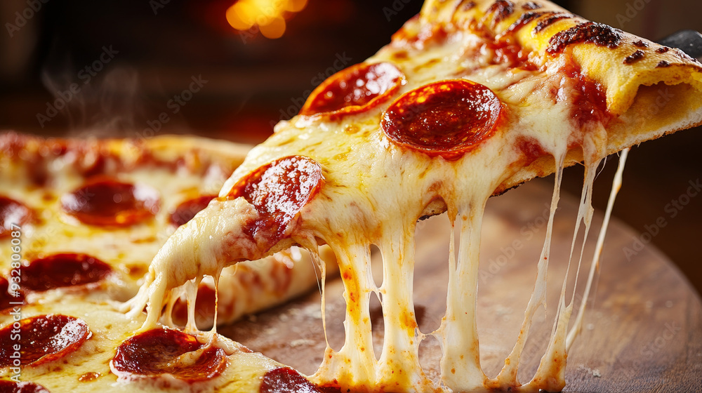 “A slice of hot Italian pizza with stretching cheese, featuring pepperoni, placed on a wooden background. The pizza’s gooey cheese and savory toppings create an appetizing and mouth-watering visual, “A slice of hot Italian pizza with stretching cheese, featuring pepperoni, placed on a wooden background. The pizza’s gooey cheese and savory toppings create an appetizing and mouth-watering visual,