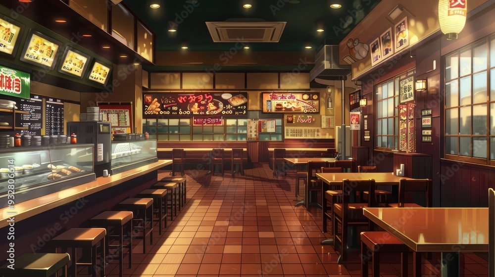 The restaurant showcases wooden furniture, illuminated menu boards, and an inviting atmosphere perfect for enjoying a meal The restaurant showcases wooden furniture, illuminated menu boards, and an inviting atmosphere perfect for enjoying a meal