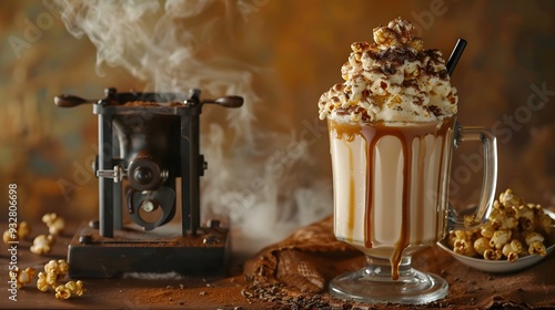 Sweet Milkshake with caramel syrup,cream liqueur,caramel popcorn and chocolate powder on brown background with vintage,manual coffee grinder. 