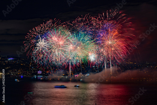 Fireworks display over the Bosphorus, Istanbul, Turkey