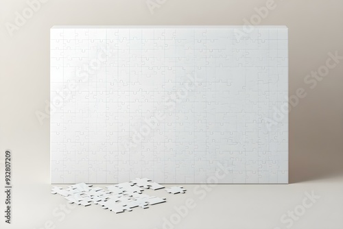 White Box, Blank Puzzle game Mockup with Box, Clear Jigsaw pieces, big board tempelate, puzzle packaging 3D Rendered Isolated on a light background