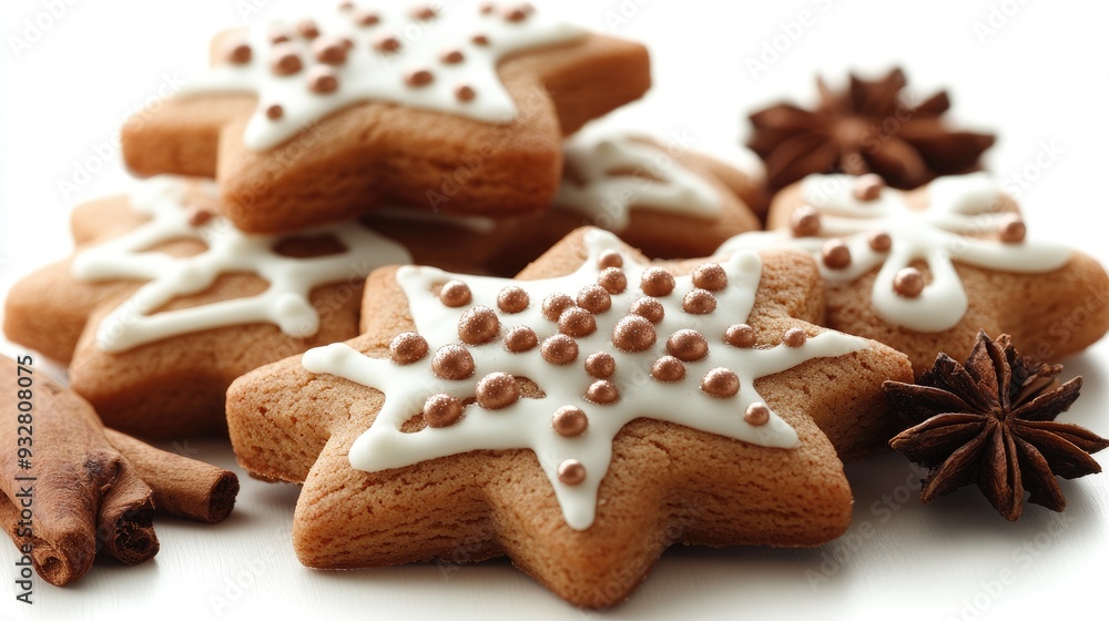Star shaped gingerbread christmas cookies covered with sugar icing and silver balls Star shaped gingerbread christmas cookies covered with sugar icing and silver balls