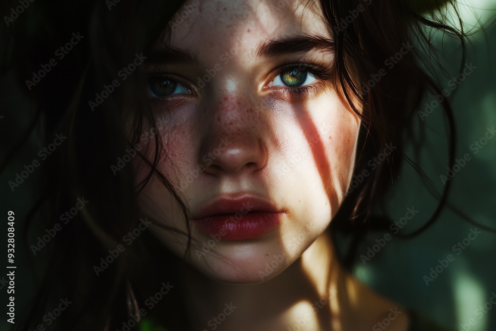 Close-up Portrait of a Young Woman with Green Eyes and Freckles Close-up Portrait of a Young Woman with Green Eyes and Freckles