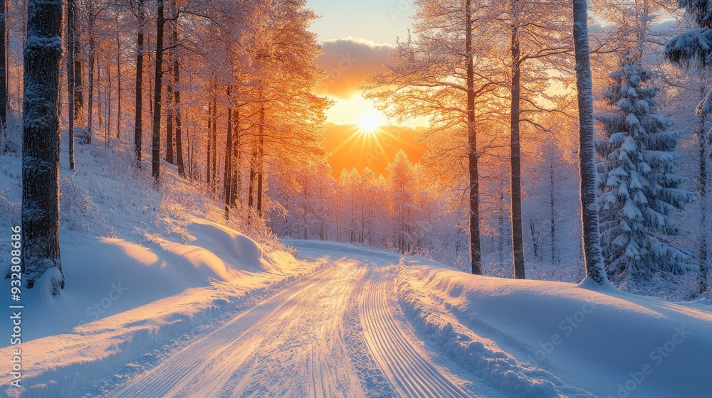 Golden light illuminating snow covered road in winter forest Golden light illuminating snow covered road in winter forest