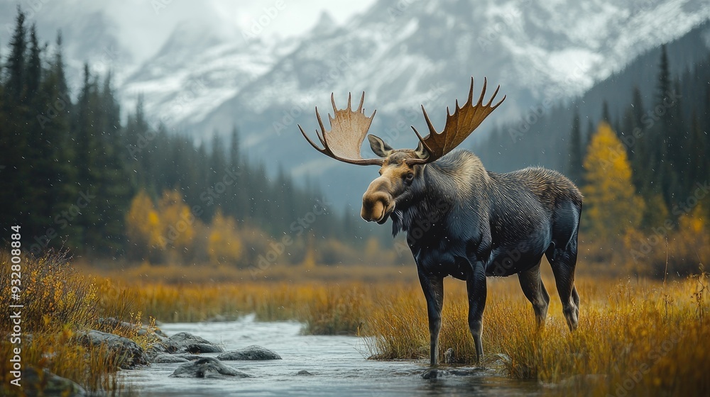 Large bull moose standing in a field with mountains in the background Large bull moose standing in a field with mountains in the background