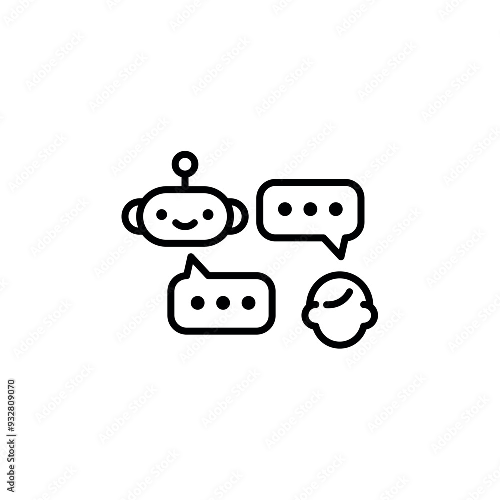 Fototapeta premium Chatbot conversation icon. Minimalistic line illustration depicting a chatbot interacting with a person. Ideal for use in apps, websites, and technology-related projects. Vector illustration
