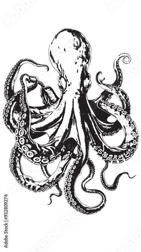 Sea octopus. Engraved hand drawn in old sketch, vintage creature vector photo