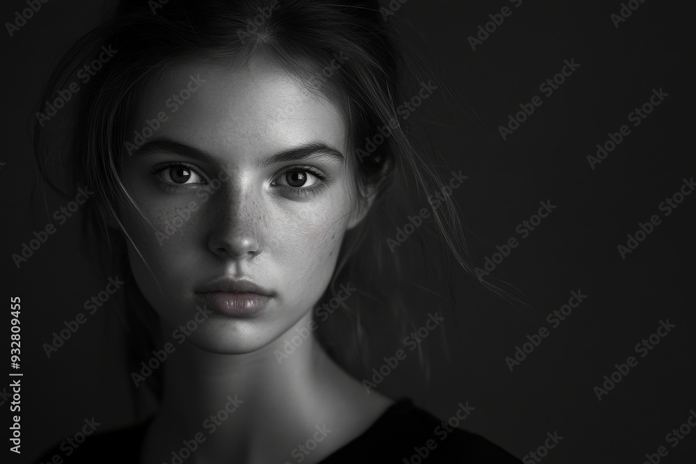 Portrait of a Young Woman with Freckles and a Serious Expression Portrait of a Young Woman with Freckles and a Serious Expression