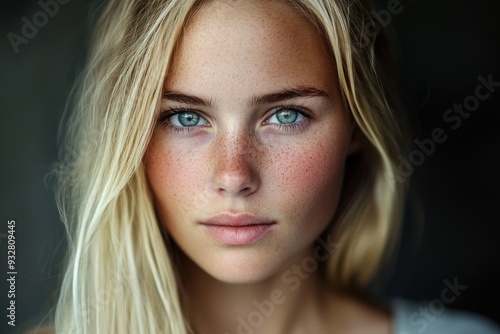 Close-up Portrait of a Young Woman with Blonde Hair and Blue Eyes