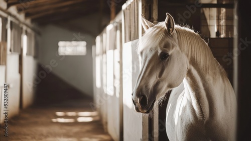 Solitary white horse in a stable with white walls