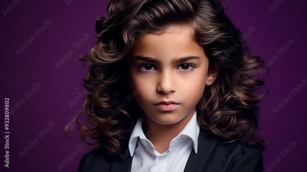 Portrait of a cute happy Hispanic Latino boy child with long hair and perfect skin, purple background, banner. Portrait of a cute happy Hispanic Latino boy child with long hair and perfect skin, purple background, banner.
