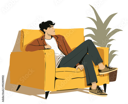 Bored Man Sitting on a Sofa. Flat Vector Illustration
