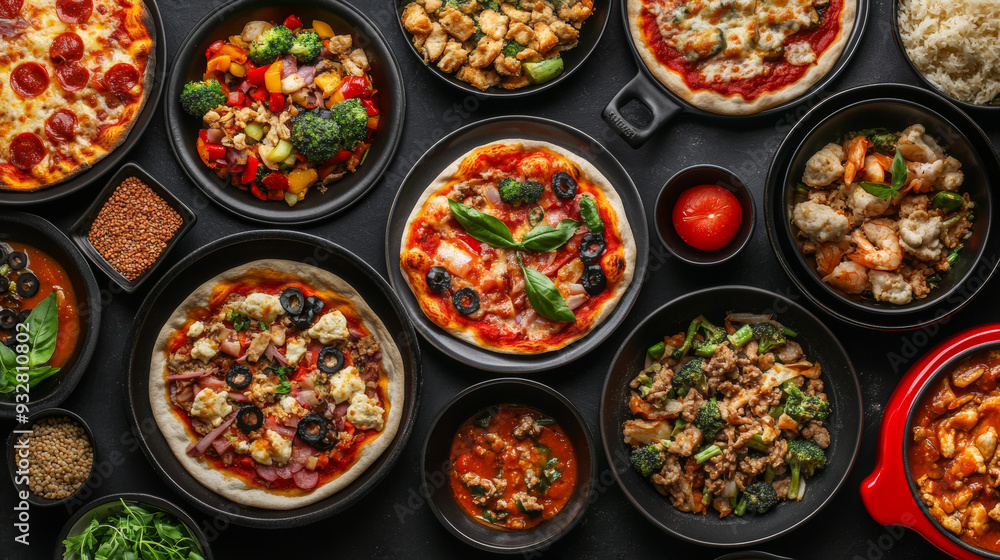 “Top view of an assortment of junk food dishes, including pizza and wok dishes. The spread features a variety of indulgent items, showcasing different flavors “Top view of an assortment of junk food dishes, including pizza and wok dishes. The spread features a variety of indulgent items, showcasing different flavors