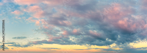 Obraz na płótnie Sky panoramic background. Romantic pink clouds in the dawn sky. Tender mood Sunrise Sundown Sunset sky panorama. w salonie